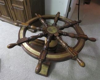 $150.00, Ethan Allen, Ship Helm Steering Wheel glass top coffee table, 40" across, 17" T