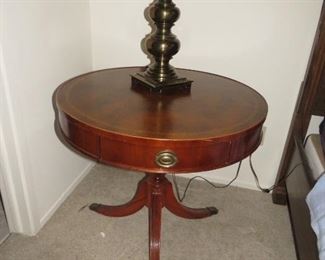 $50.00, Vintage Leather Top Drum Table, VG condition, 29" across & 28"T