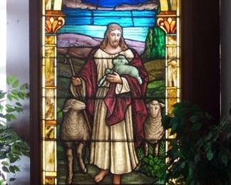 Very Large 9' x 40" Stained Glass Window Art Of Christ And Lamb, Wood Frame 66" Across, PREVIEW BY APPT MONDAY 4-6PM 12/14 4-6PM