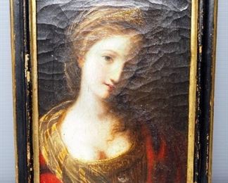 Antique Framed Original Oil Painting Portrait Depicting Isabella I Of Castile, In Antique Frame With Blacksmith Hammered Hanging Hook, 12.5" x 9.75"