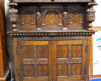 16th Century Carved And Inlaid Elizabethan Court Cupboard, Has Lion Head Crown & 4 Cabinet Doors, 72" x 62" x 22"