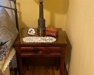 $85.00   Ca 1860 Mahogany finish side table with custom glass top over the wood top for protection.