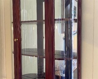 $35.00   Hanging  display cabinet 1’x8”” high 2’1”  Note the mirrored back, and curved glass sides