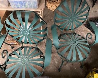 $225.00 pair of Pinwheel/sunburst metal Patio chairs after Francois Carre