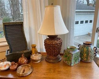 Pottery, A table top waterfall (very Zen), woven base lamp