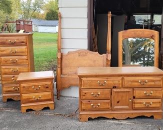 This is an excellent deal! $325 for all!!! Each piece has a lovely engraving of leaves and berries/flowers/acorns
• Dresser with mirror 53"w x 30.5"h x 18"d - $75
• Twin bed headboard, footboard and frame - $50
• Lingerie chest 24"w x 52"h x 18"d - $75
• Nightstand 24"w x 16"d x 24"h - $50
• Desk with hutch and chair 42"w  75"h x 18"d - $75