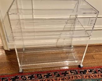 $375; AKKO Mid Century acrylic rolling bar cart with 3 shelves, 27" H x 15" D x 27" 