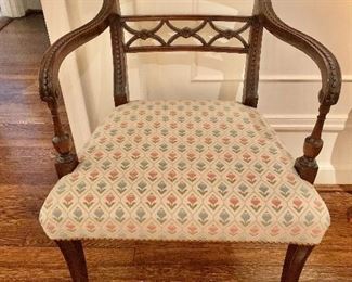 $150; Mid century regency style carved armchair with hobnail, 33.5" H x 22" W x 20.5" D, seat height is 18.5"