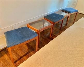 $750; Mid century teak and glass bench and table set, 18.5" H, each seat and table is approximately 21.5" W x 15.5" D 