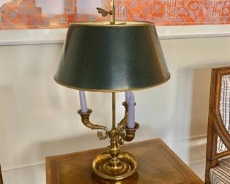 $295; Brass three arm Bouillette lamp, tested and working. 25" tall, 13.5" diameter metal shade.