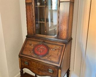 $350; Secretary /Hutch with painted harp medallion, Key included. 77" H x 30.25" W x 18" D