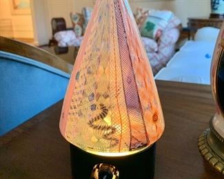 $495 - Noble Effort / Richard Marquis Latticino art glass vase on a lighted stand.  8.5" tall on base.  Glass cone is 6.5" H x 4.75" diameter.