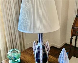 $95; Glazed Ceramic Lamp, three light settings, tested and working.  33.5" tall;  16" diameter pleated shade. - 1 available