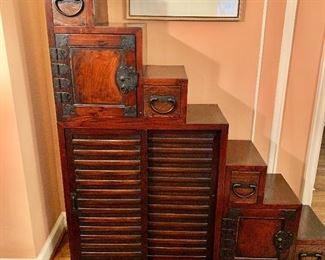 $450;  Step Tansu Chest, 60.25" H x 55" W x 13.25" D, separates into three pieces