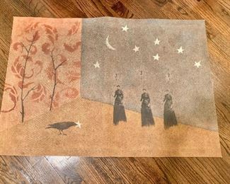 $75 - "The Gift" painted canvas rug - Signed, 24" H x 35" W