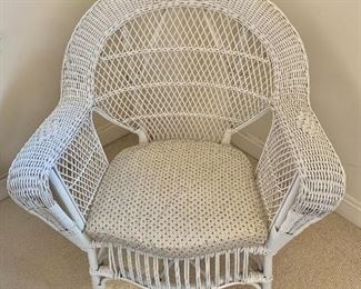 $95 - White Wicker Chair, 34.5" H x 31" W x 26" D, seat height is 17"