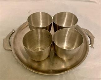 $50 - Set 4 Jefferson Cups and Tray with Dolphin Handles. Cups are 3" H, 10" tray