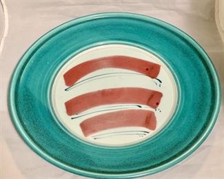 $60 - Stamped, Glazed  Dish with Turquoise Border, 15.5" W