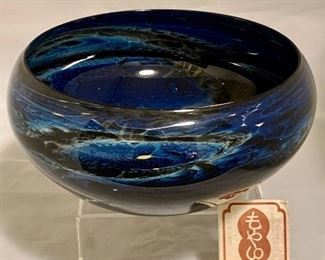 $75 - Moyai Kogei blue art glass bowl, 5" H x 9.5" W