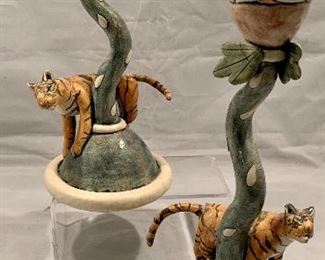 $125 - Pair of Anna Lambert Ceramic Tiger Candlesticks, 10" H x 4" W 