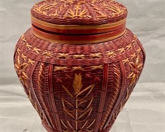 $40 - Red Straw Basket with Lid, Lined with Metal, 9" H x 7" W  