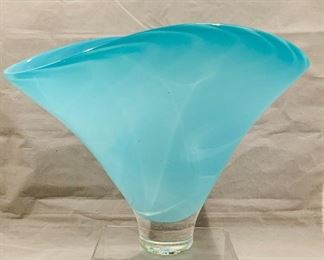 $95; Blue glass vase signed 'Hobart', 8.5" H x 11.5" W  