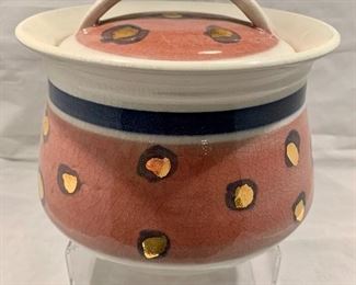 $45 - Ceramic covered dish with polka dots, 7.5" H x 8" W  