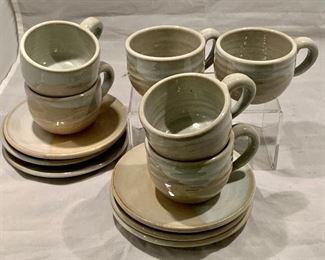 $75 - Set of Six Cups and Saucers, Beige and Gray; saucers are 5", cups are 2.25" H