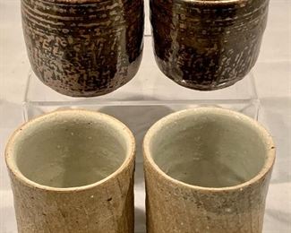 $24; Lot of 4 Ceramic Cups; Brown, 3" H; Light Gray, 3.5" H