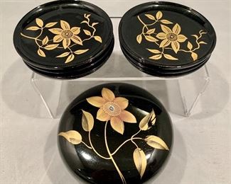 $15; Six Lacquer Coasters in Box, 3" W 