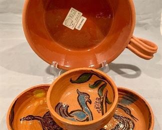 $30; LOT of 3 ceramic bowls with painted birds, 1.5" H x 4" W; Two 8" Vessels with Ring Handles