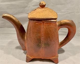 $195; Randy Johnston (b.1950)  hand built ceramic teapot; 9.5" H x 11" Wide to handle.  Chop mark RJ.