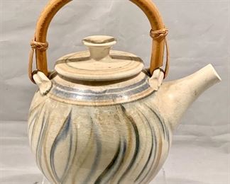 $60; Studio pottery bamboo handled teapot ; 9" H x 8" W