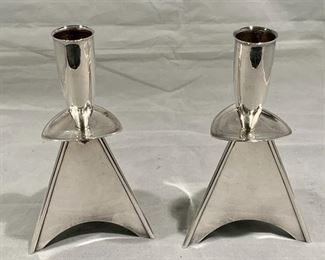 $80; Silver Plated Danish Modern Candlesticks, marked; 5.5" H x 3.5" W 