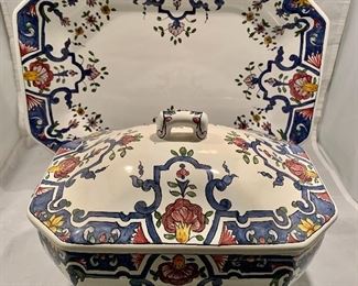 $60; Covered ceramic turine, handpainted ; made in Portugal;  with underplate ; 11"W x 7"D x 8"H; Underplate is 11" x 14" 