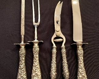 $150; Kirk Stieff Repousse Sterling Silver Handled 4-Piece Carving Set, Stainless Blades; Knife Hone is 14" long