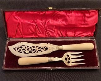 $30; Vintage bone handle serving set in box; Knife 12.5" , Fork 9" (as is, hairline crack)
