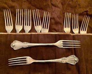 DETAIL: 10 Camusso Sterling Silver Salad  Forks 410 g, 7” long. SOLD AS COMPLETE SET