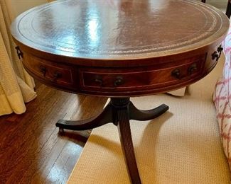 $350 - Vintage pedestal, drum table with leather top and two drawers, 28" H x 32" diameter
