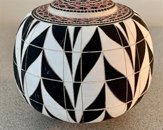 $95 - Signed  pottery vessel with lid; apprise 5" diameter, 5" high