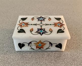 $20 - Inlay stone box; approx 4" L x 3"D x 2"H