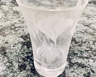 $30; Signed etched bud vase; approx 6" tall