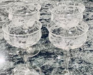 $36; Lot of 6 (4 shown) vintage etched glass champagne/sherbet glasses
