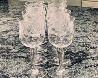 $48; Lot of 8 vintage etched glass cordials; approx 5" high