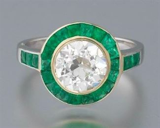 2.09ct Old European Cut Diamond and Emerald Engagement Ring, GIA Report 