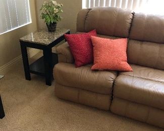 Pair of side tables marble toped - granite.  Leather electric recliner sofa and loveseat