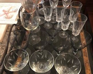 Glasses and crystal - top of the bakers rack