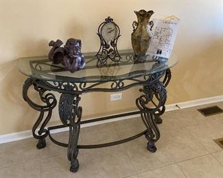Wrought iron and beveled glass half moon table