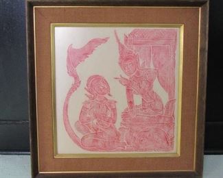 Framed Thai/Cambodian temple rubbing