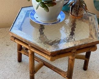 Mid Century Ficks Reed Rattan and Textured Glass Top Table